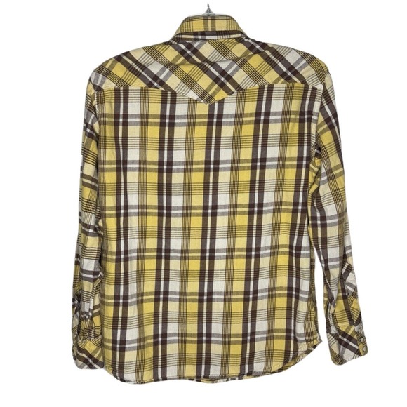 Lucky Brand Shirt Men Medium Brown Yellow Plaid Flannel Button Up Country Rustic - Picture 2 of 7